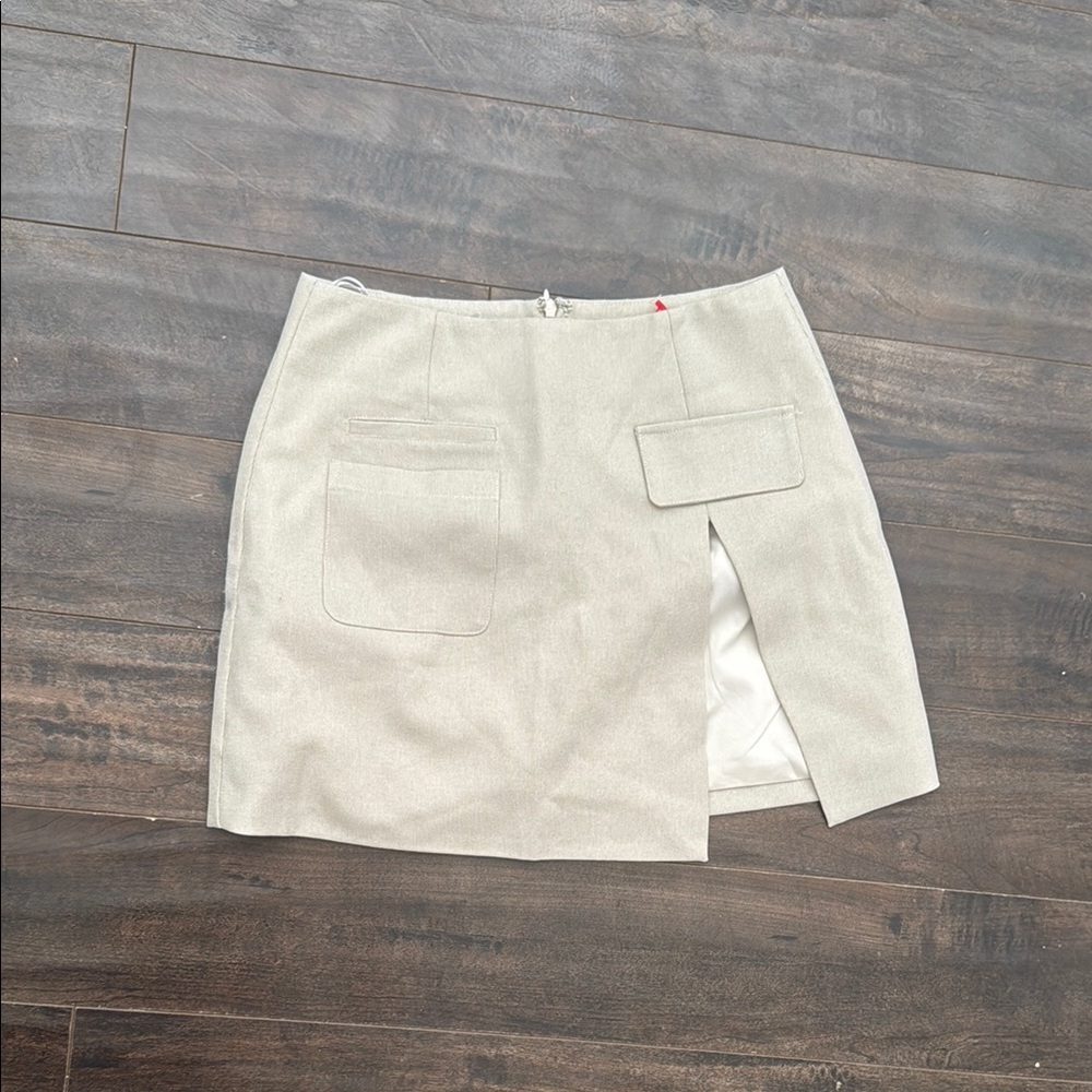White Fox Boutique Cream Mini Pencil Skirt Asymmetrical Slit